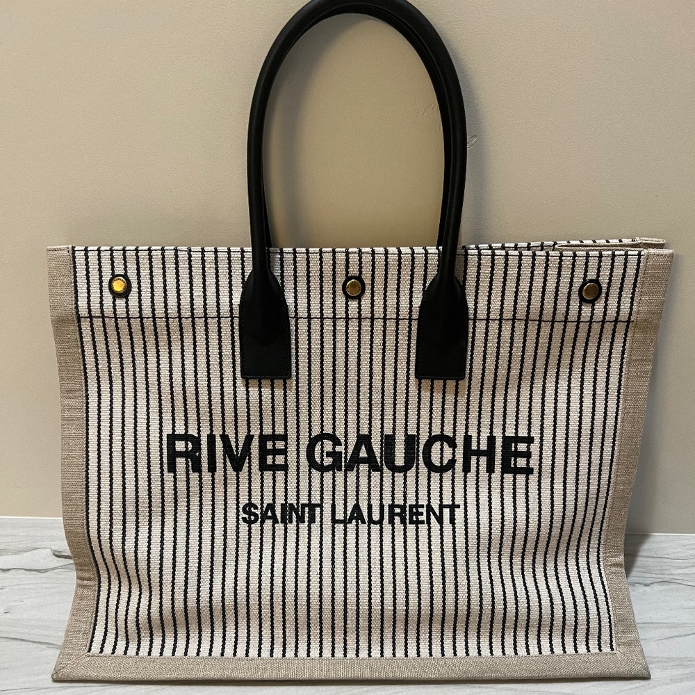 Embroidered Cotton Linen Rive Gauche Noe Tote Natural Black